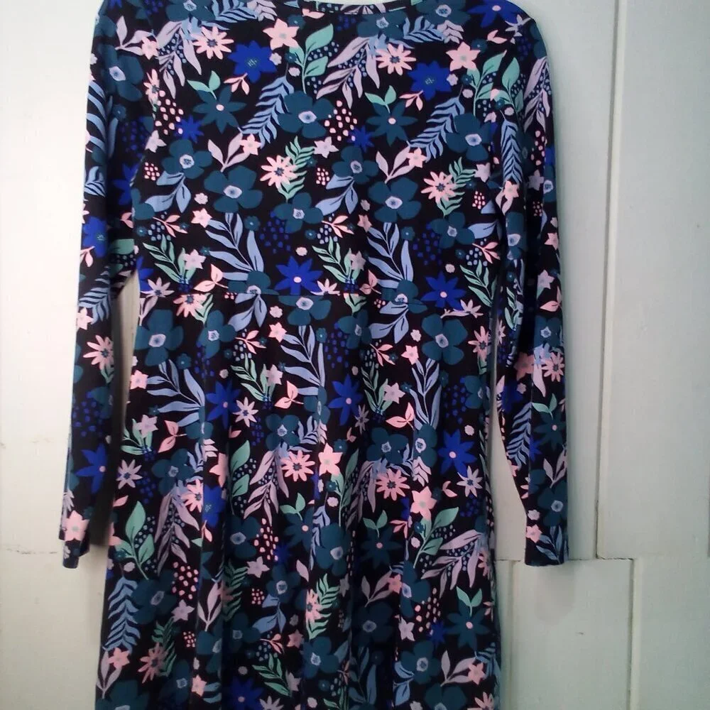 Justice Dress Girls 14 Plus Long Sleeve Floral Pattern Black Blue